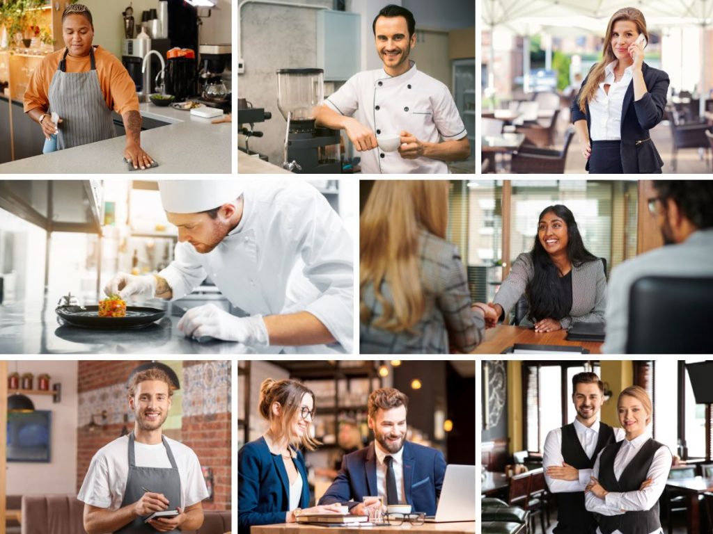 Eine Collage, die das breite Spektrum an Karrieremöglichkeiten in der Betriebsgastronomie darstellt, mit Fachkräften aus Küche, Service und Management in Aktion.